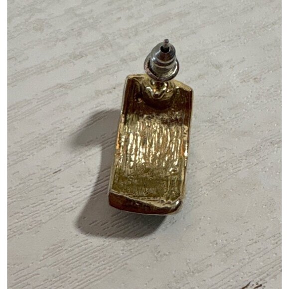 Gold-Tone & Turquoise Beige Enamel Curved Rectangle Half Hoop Earrings Stunning - Picture 3 of 8